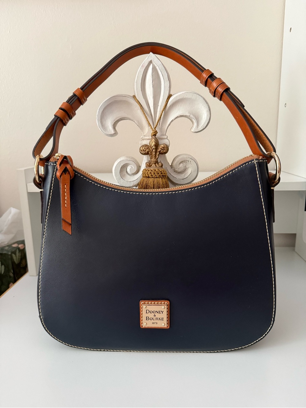 Dooney & Bourke Wexford Kiley Leather Shoulder Bag in Navy with Tan Accents